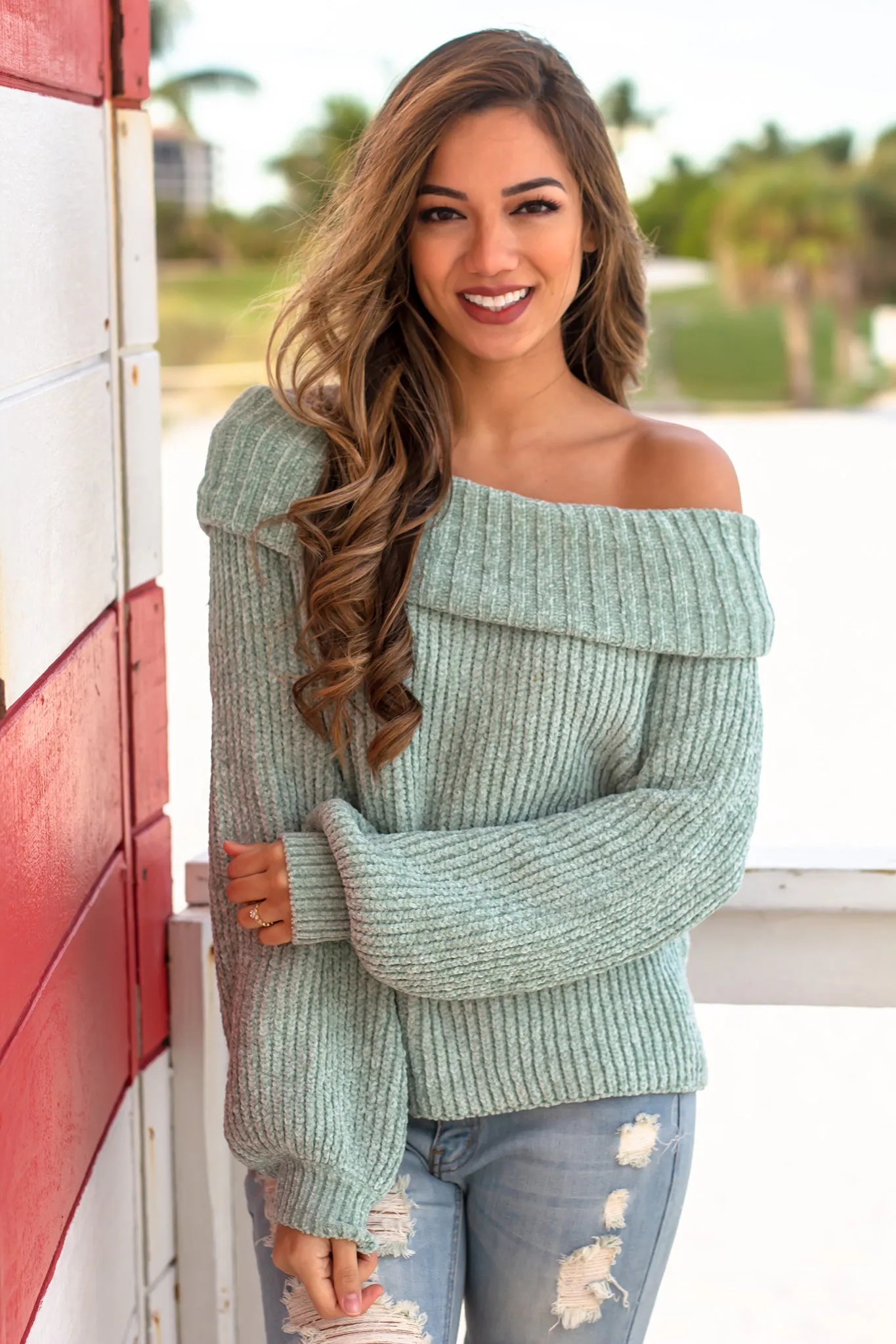 Sage Knit Off Shoulder Sweater