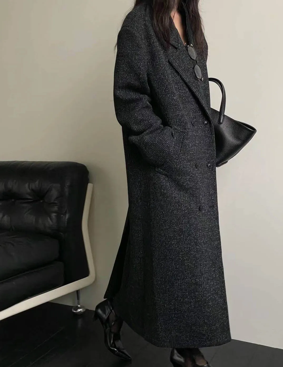 SAIRA MARLED WOOL OVERCOAT DARK CHARCOAL