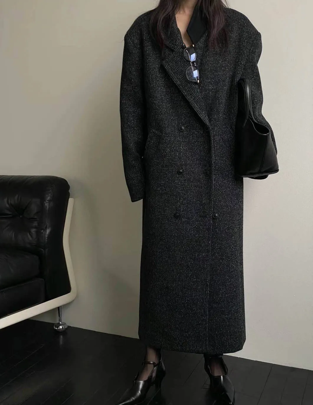 SAIRA MARLED WOOL OVERCOAT DARK CHARCOAL