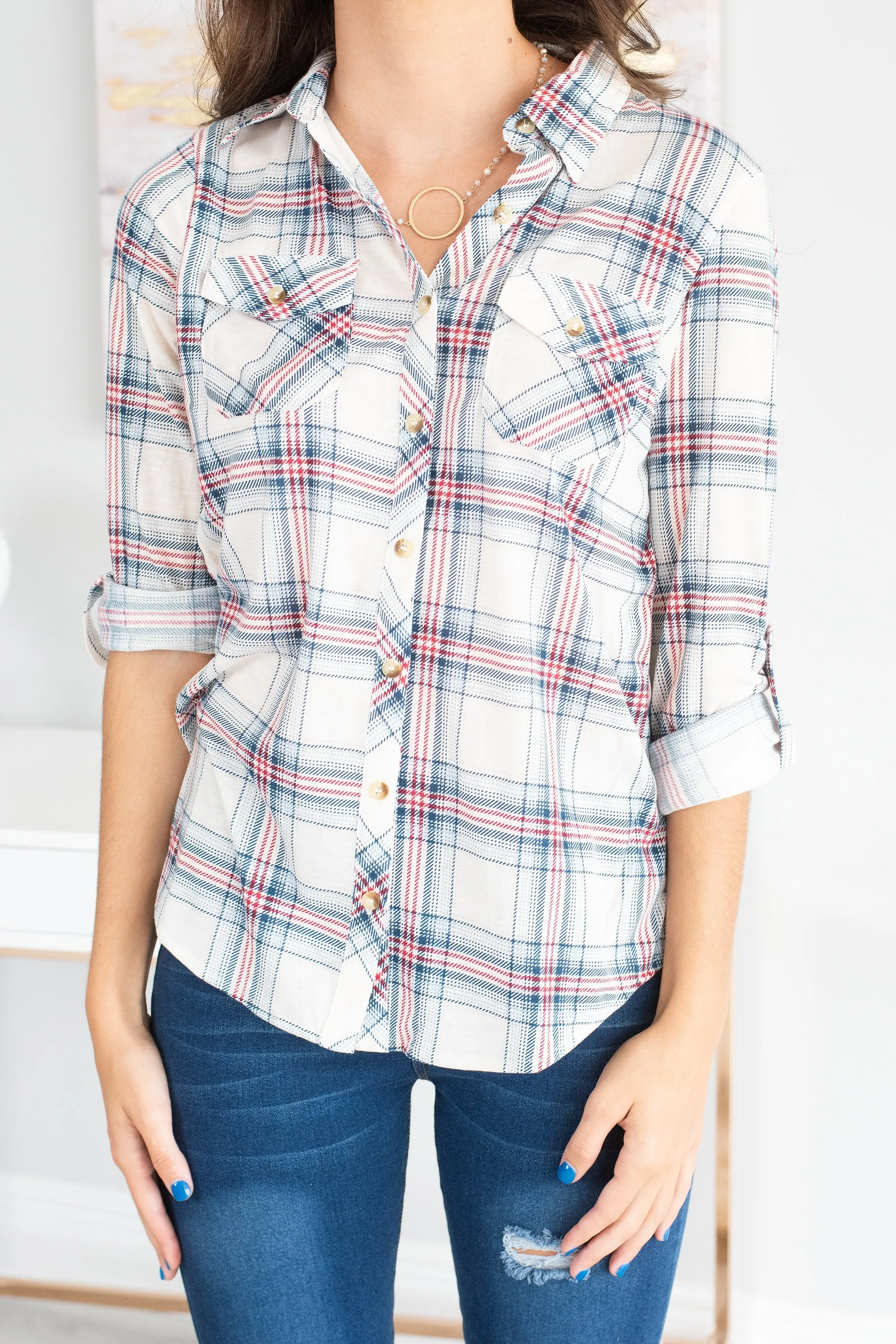 Save The Day Blue Plaid Button Down Top