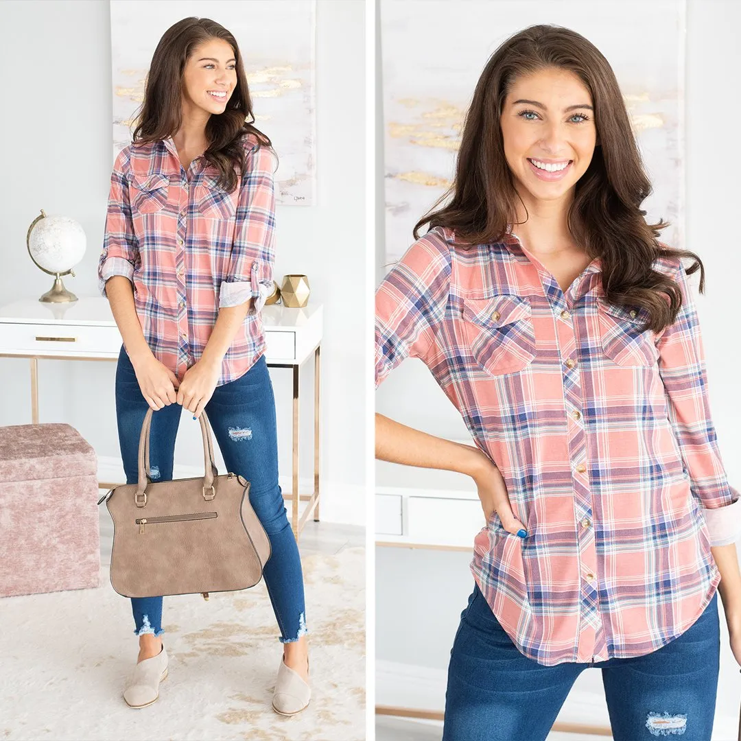Save The Day Coral Plaid Button Down Top