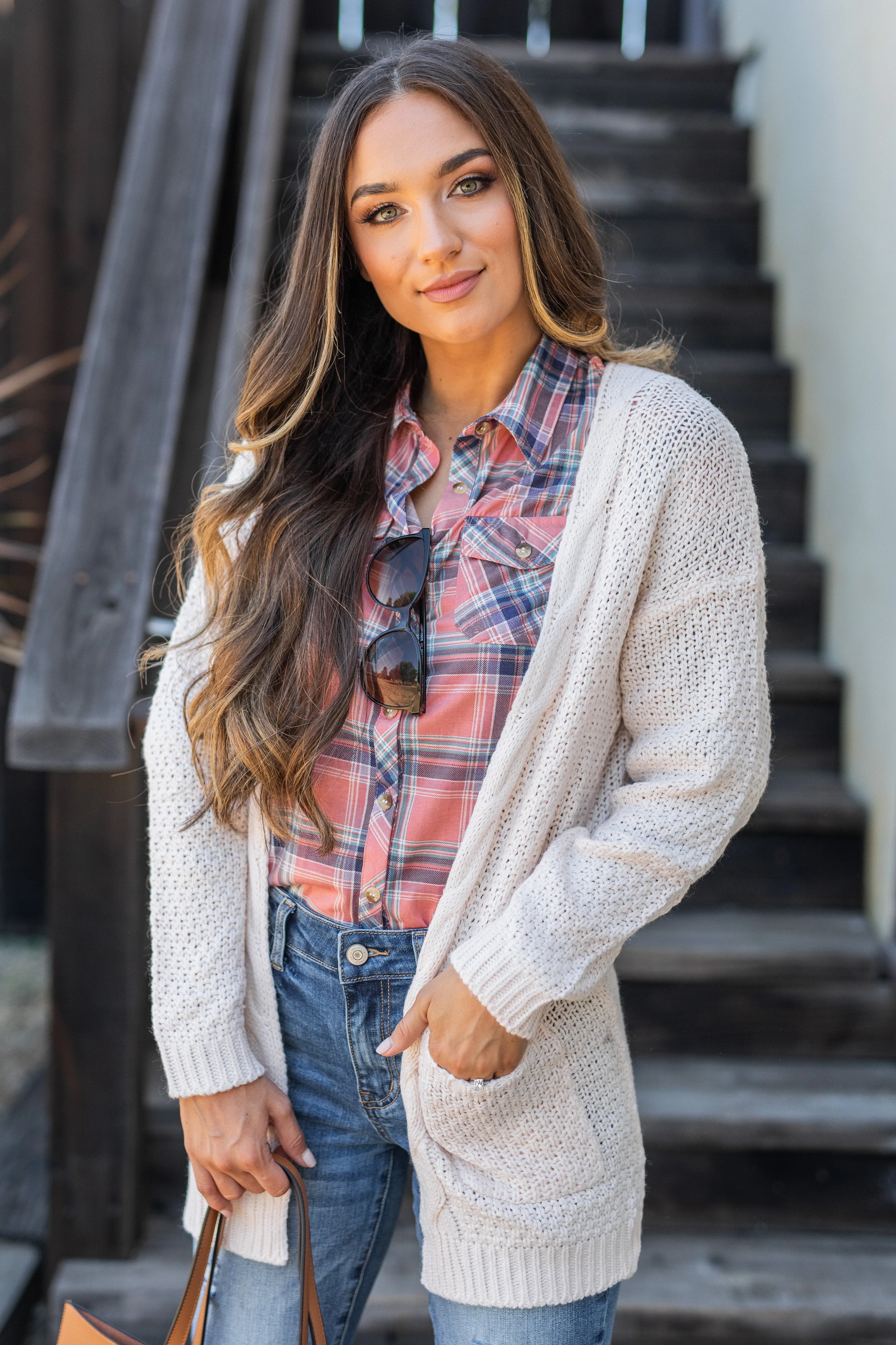 Save The Day Coral Plaid Button Down Top