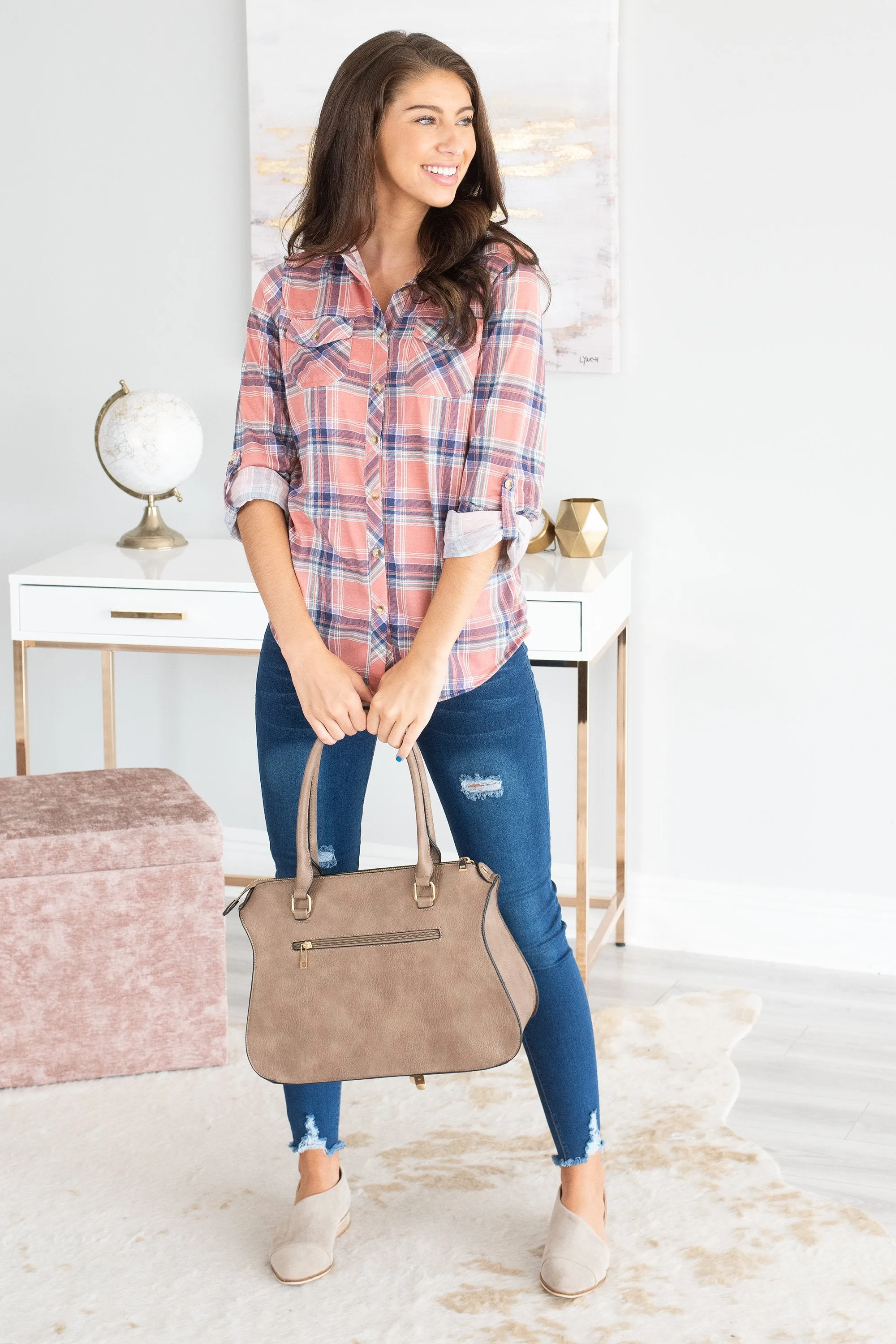 Save The Day Coral Plaid Button Down Top
