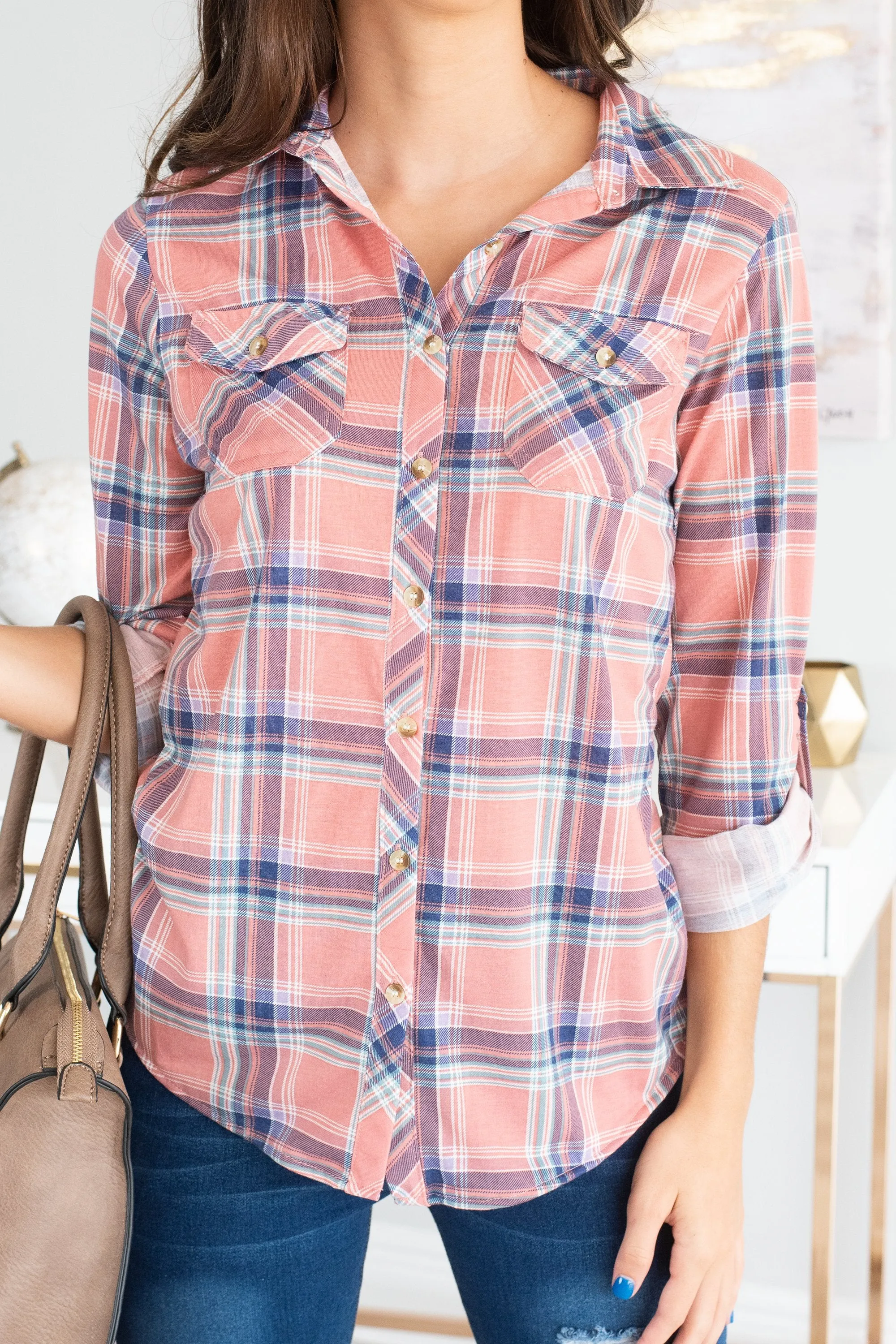 Save The Day Coral Plaid Button Down Top