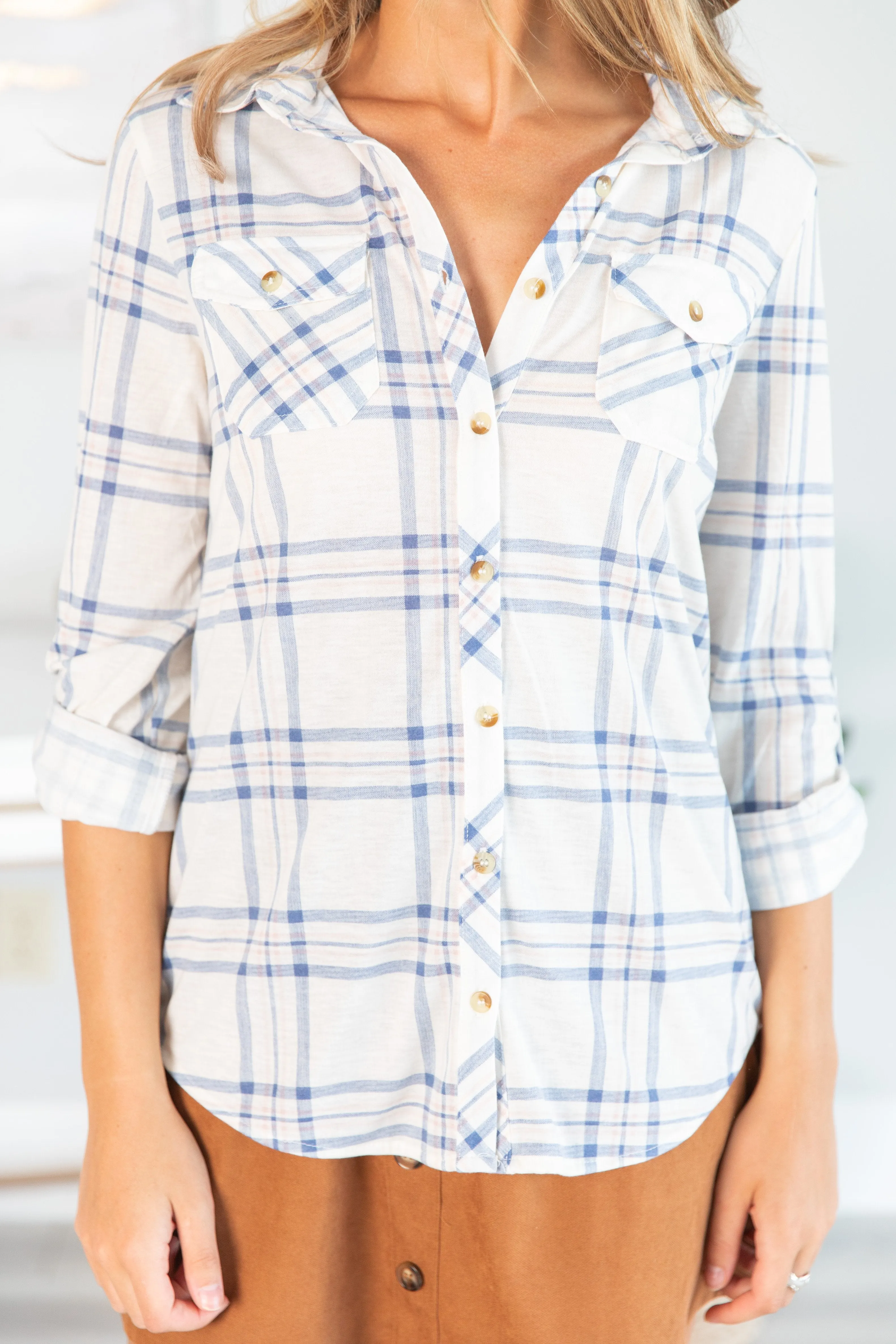 Save The Day Ivory Plaid Button Down Top