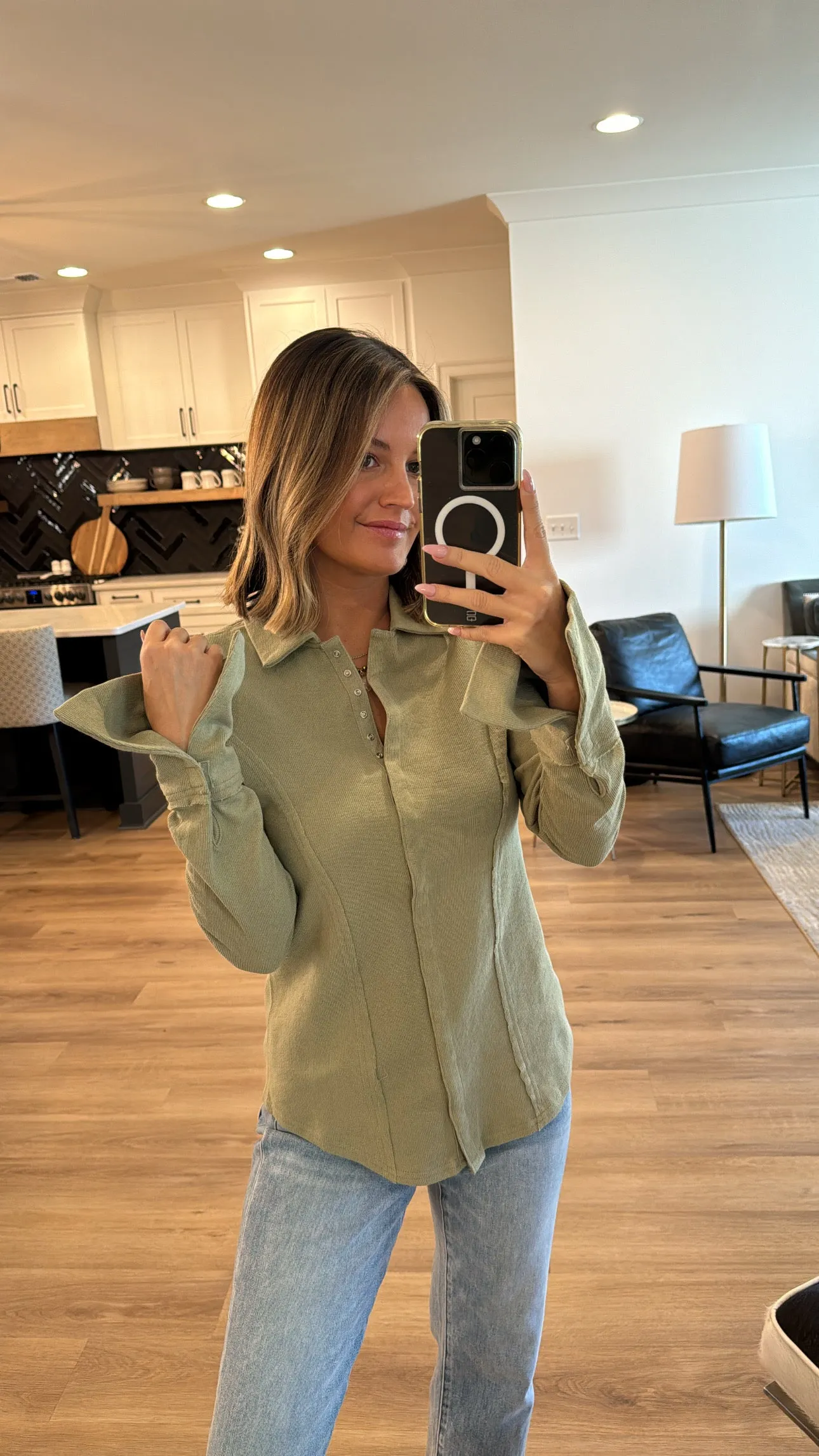 Seam Detail Knit Shirt, Light Olive