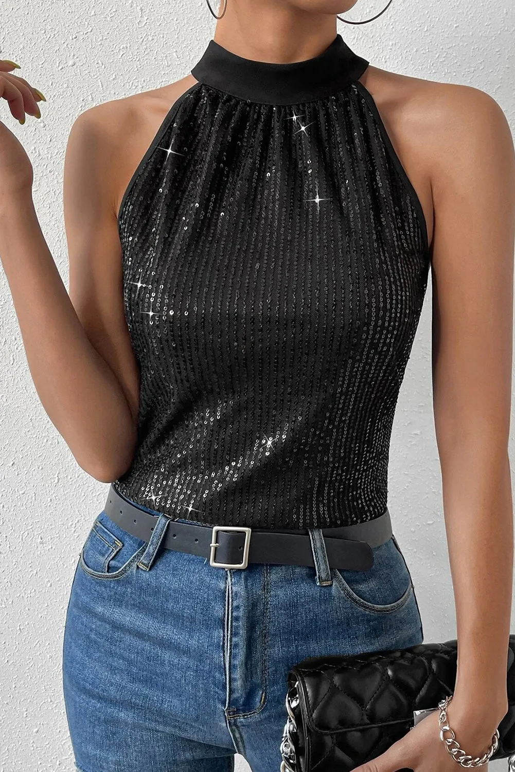 Sequin Tie Back Sleeveless Top
