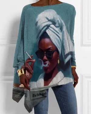 Sexy Black Girl Simple Oil Painting Print Irregular Top