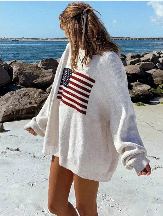 SHEIN Essence American Flag Design Drop Shoulder Sweater
