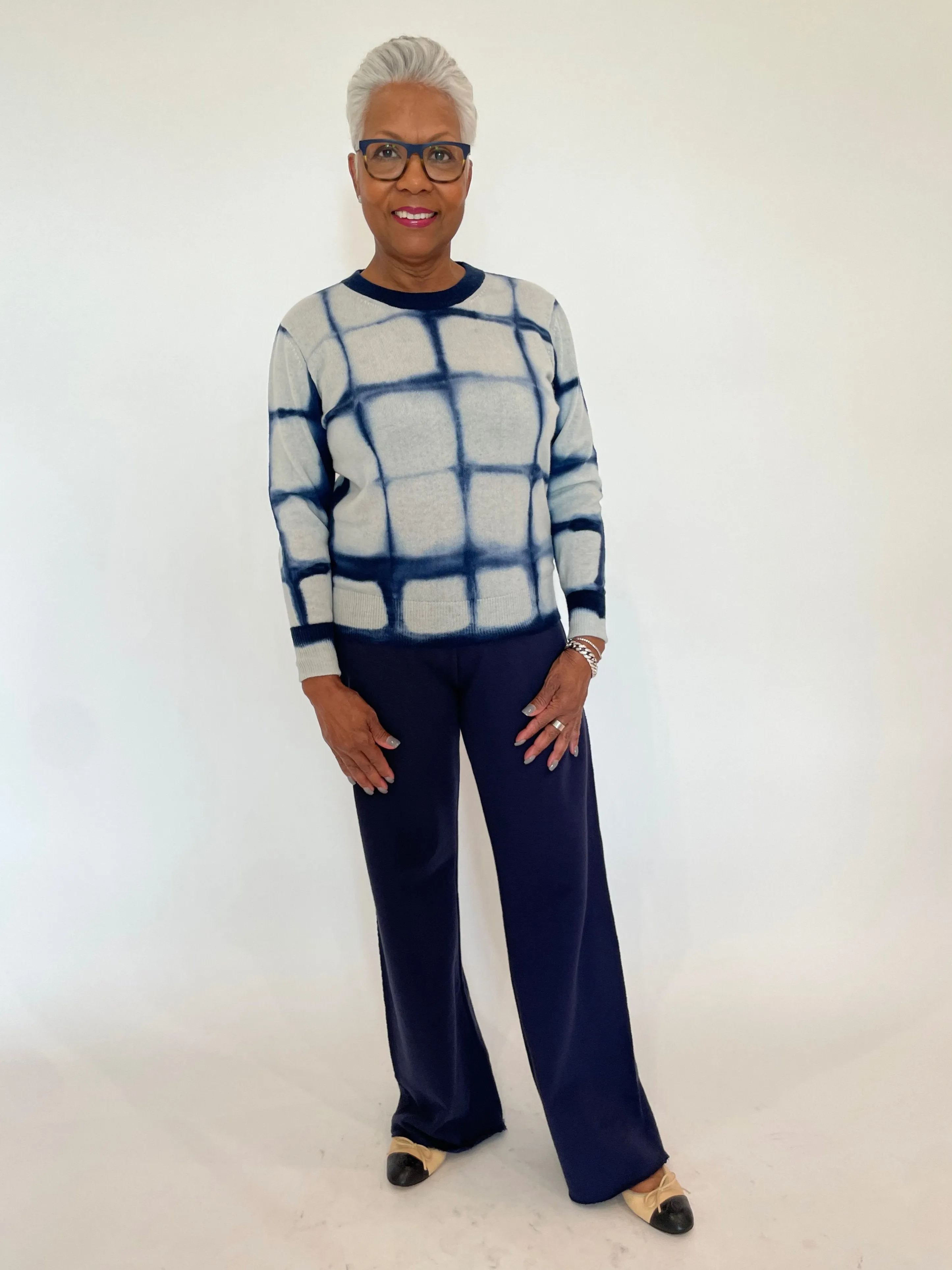 Shibori Plaid Crew Sweater - Navy