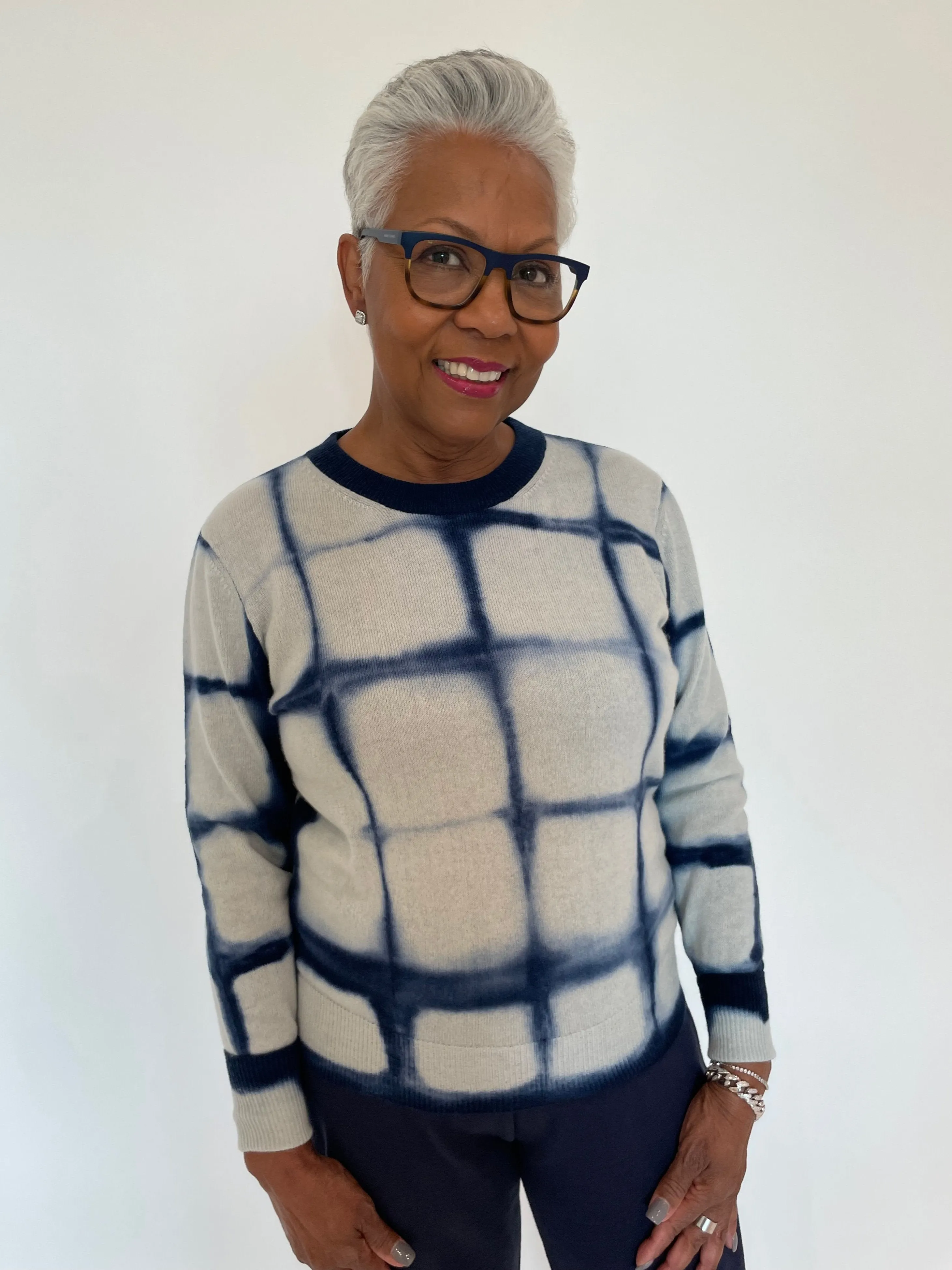 Shibori Plaid Crew Sweater - Navy