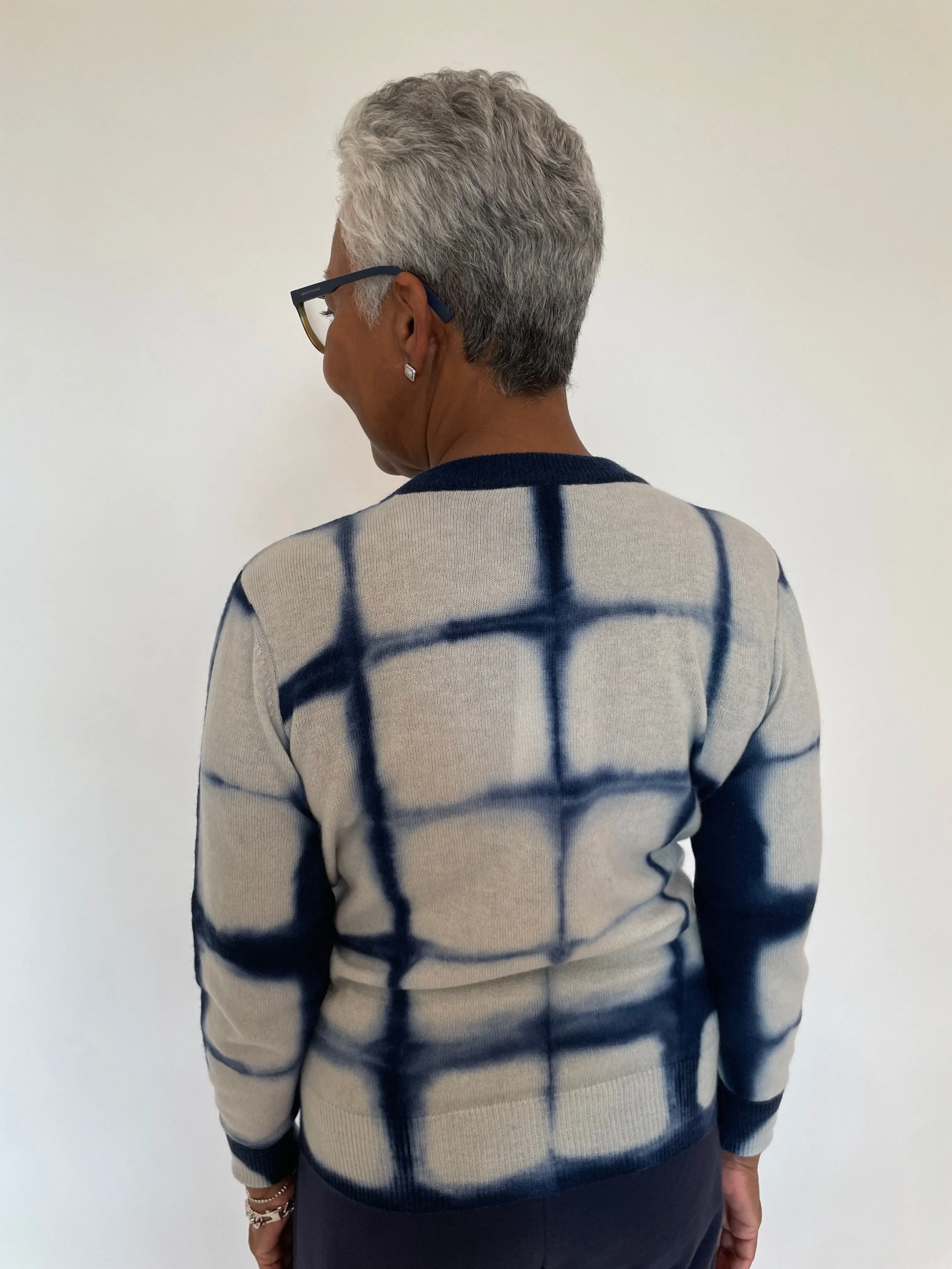 Shibori Plaid Crew Sweater - Navy