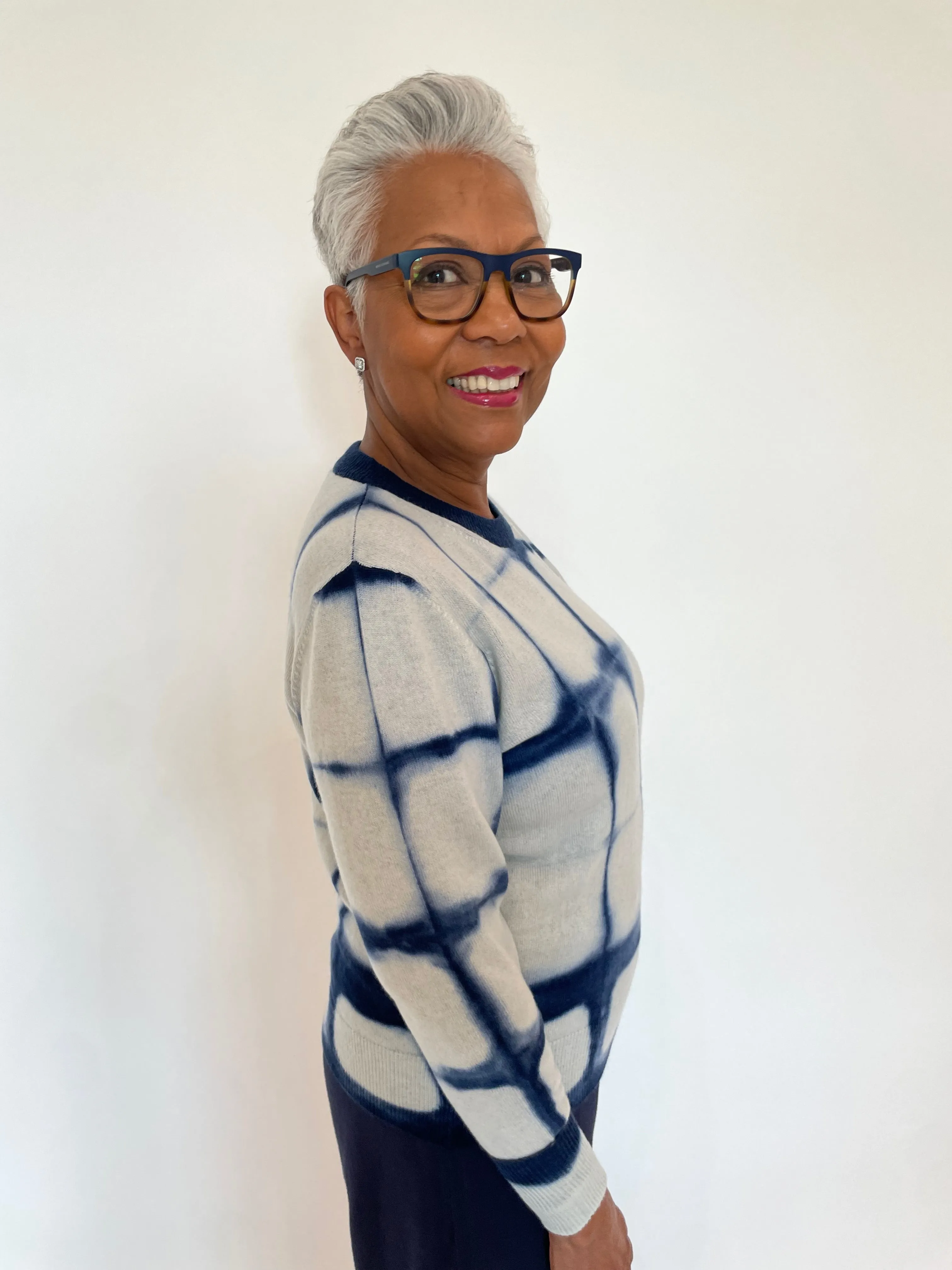 Shibori Plaid Crew Sweater - Navy