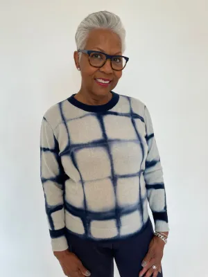 Shibori Plaid Crew Sweater - Navy