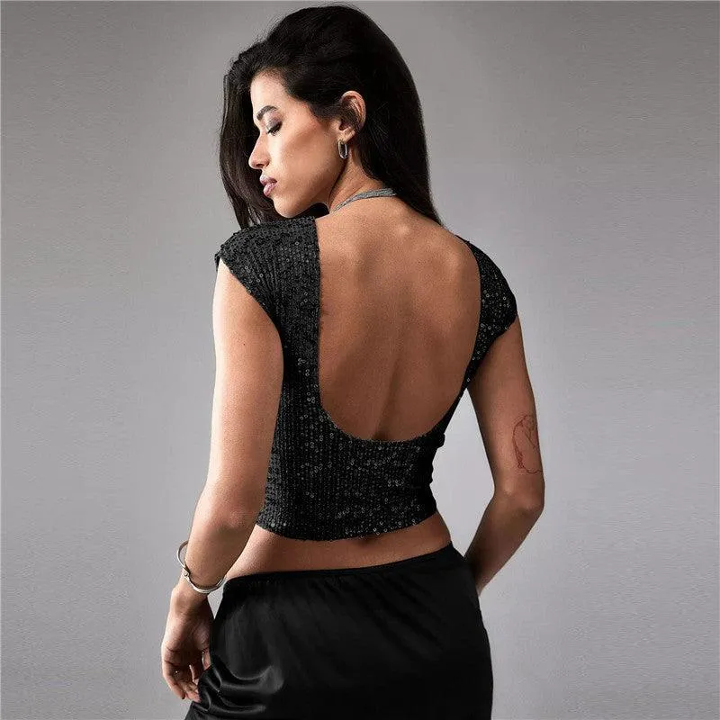 Shine Bright in Our Women's Casual Short Sequin Top