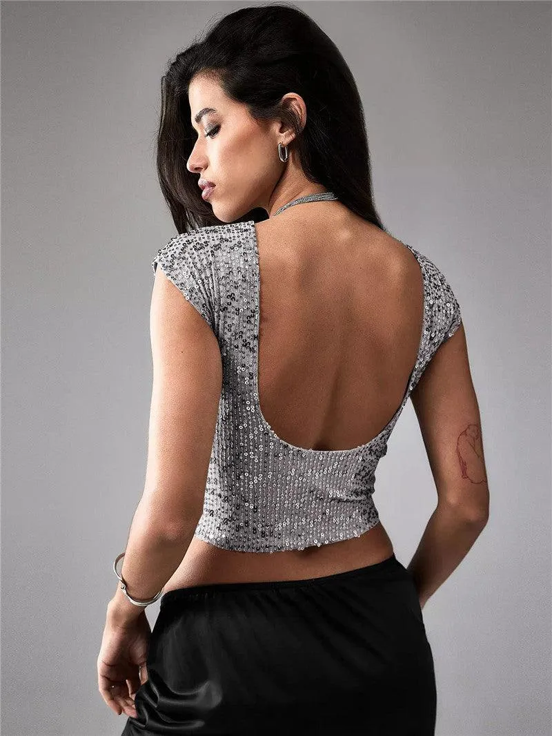 Shine Bright in Our Women's Casual Short Sequin Top