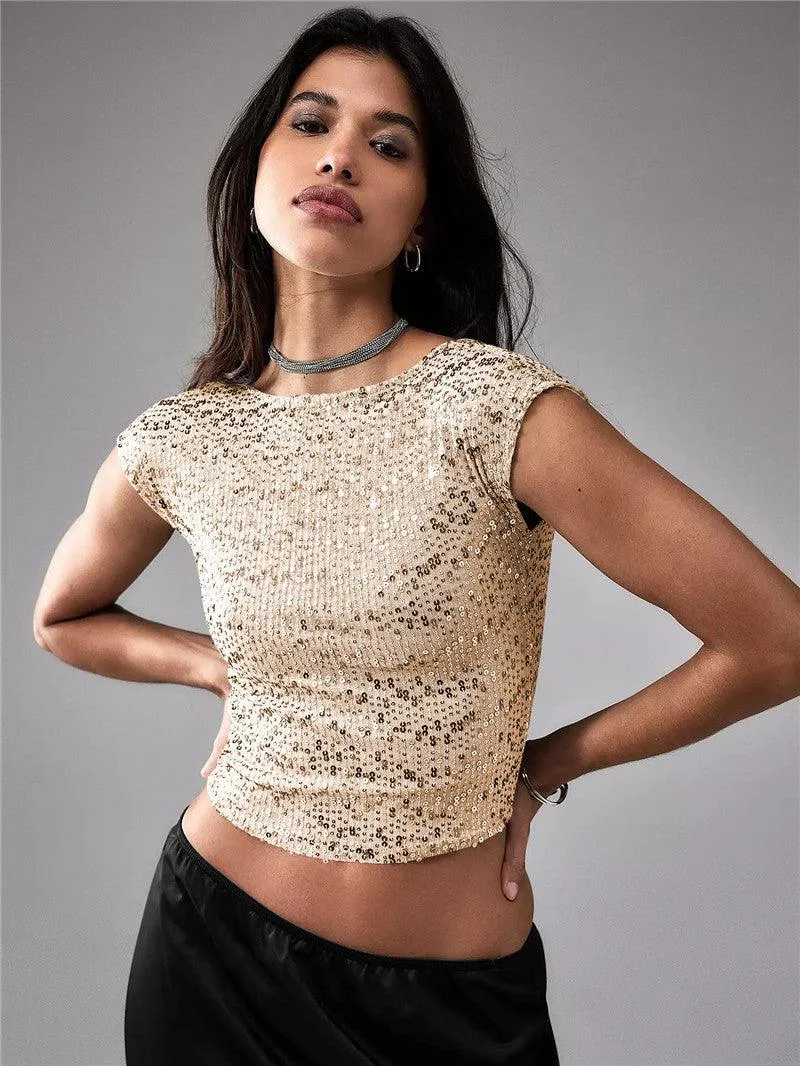 Shine Bright in Our Women's Casual Short Sequin Top