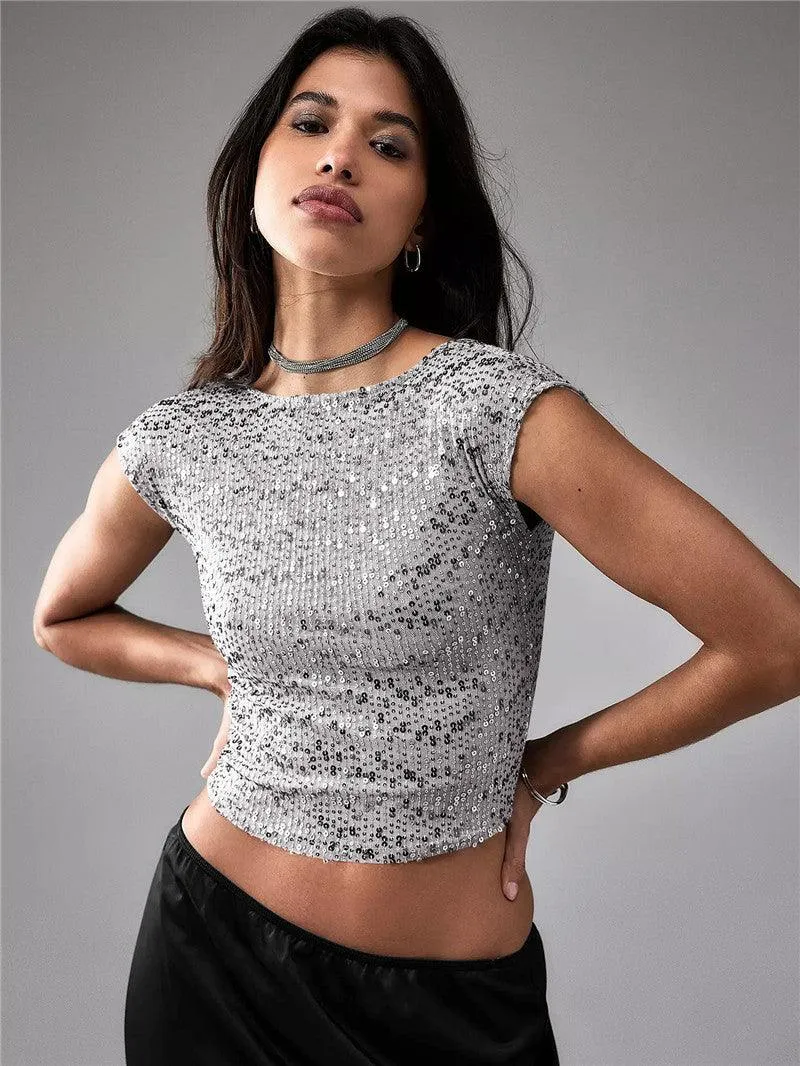 Shine Bright in Our Women's Casual Short Sequin Top