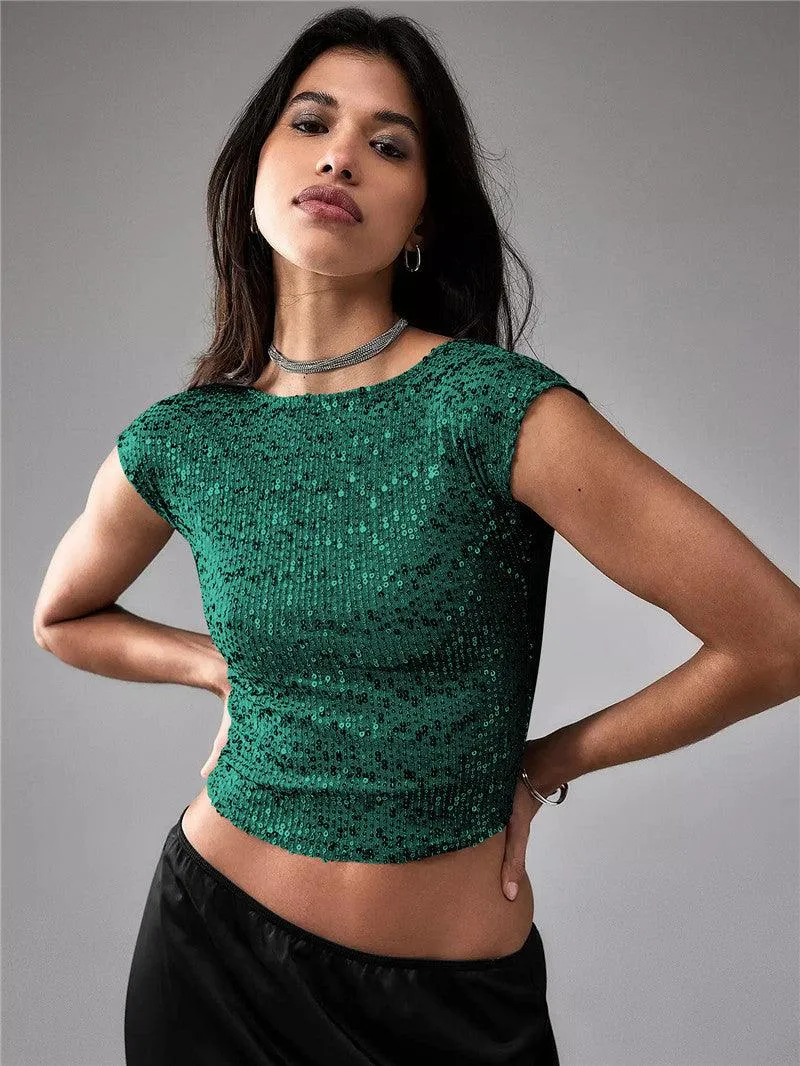Shine Bright in Our Women's Casual Short Sequin Top