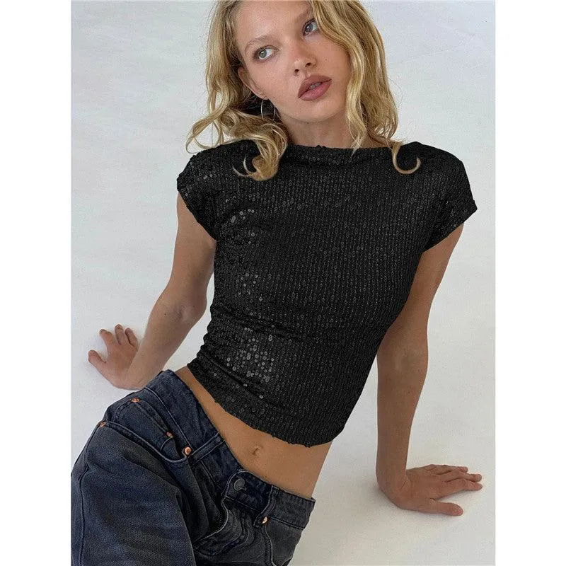 Shine Bright in Our Women's Casual Short Sequin Top