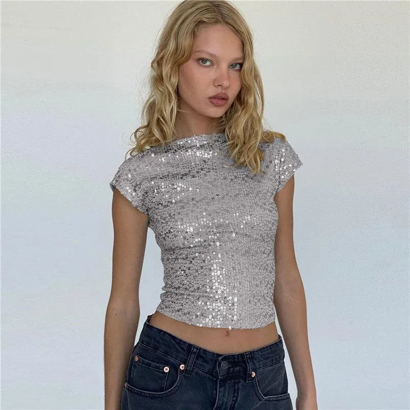 Shine Bright in Our Women's Casual Short Sequin Top