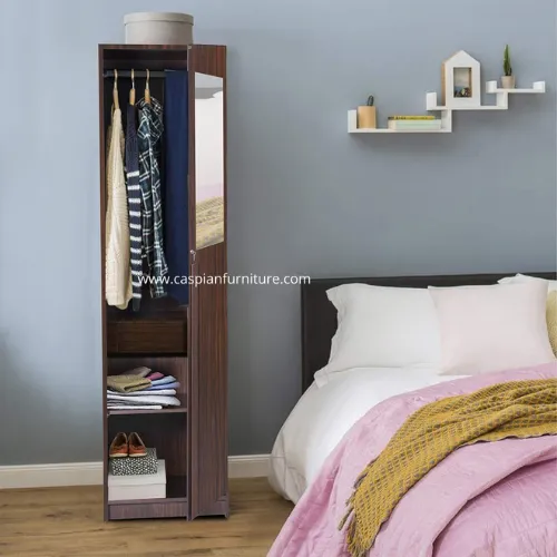 Single Door Engineered Wood Wardrobe with Hanging Space, Drawer and 3 Shelves (Brown )