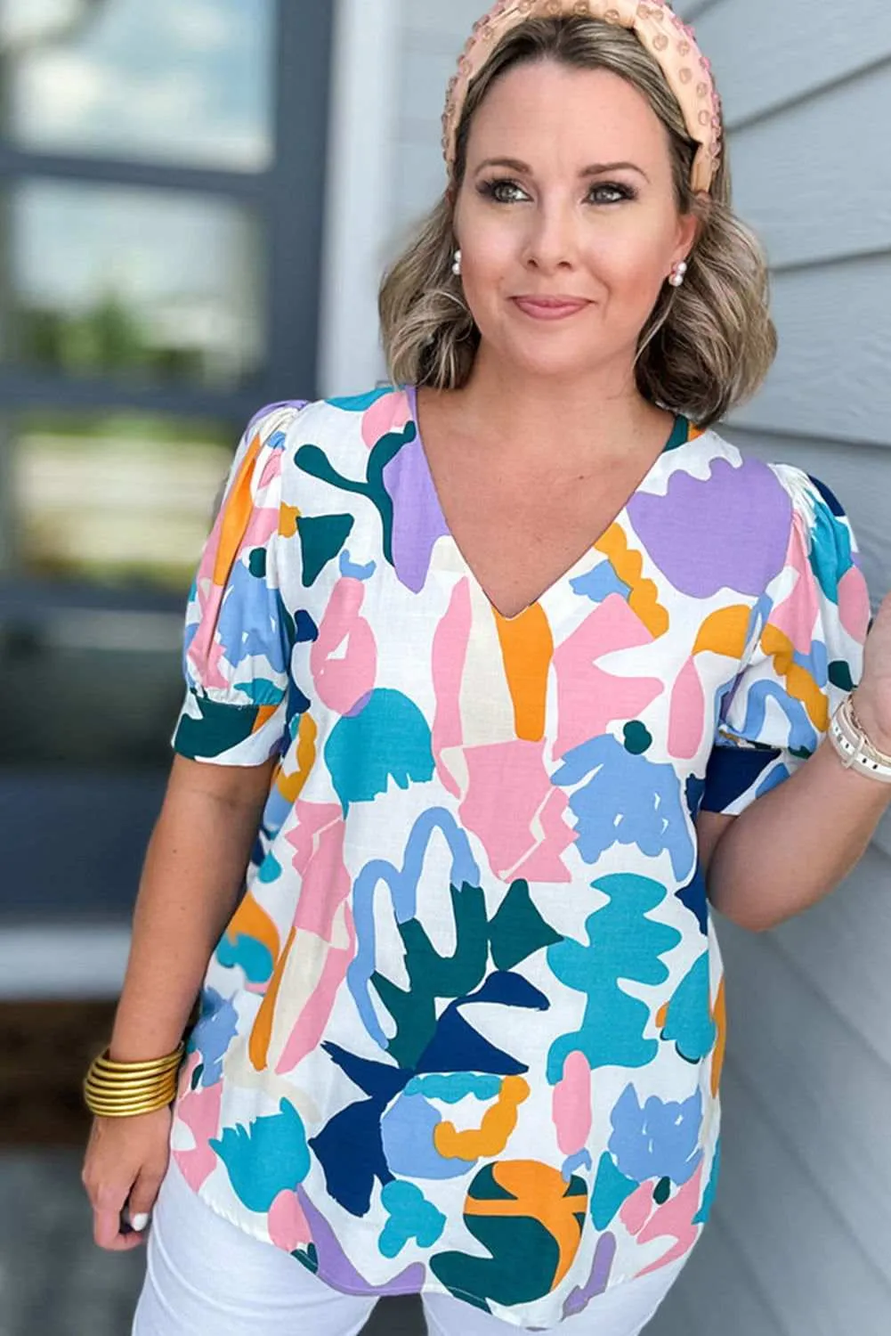 Sky Blue Plus Abstract Print Puff Short Sleeve V Neck Top