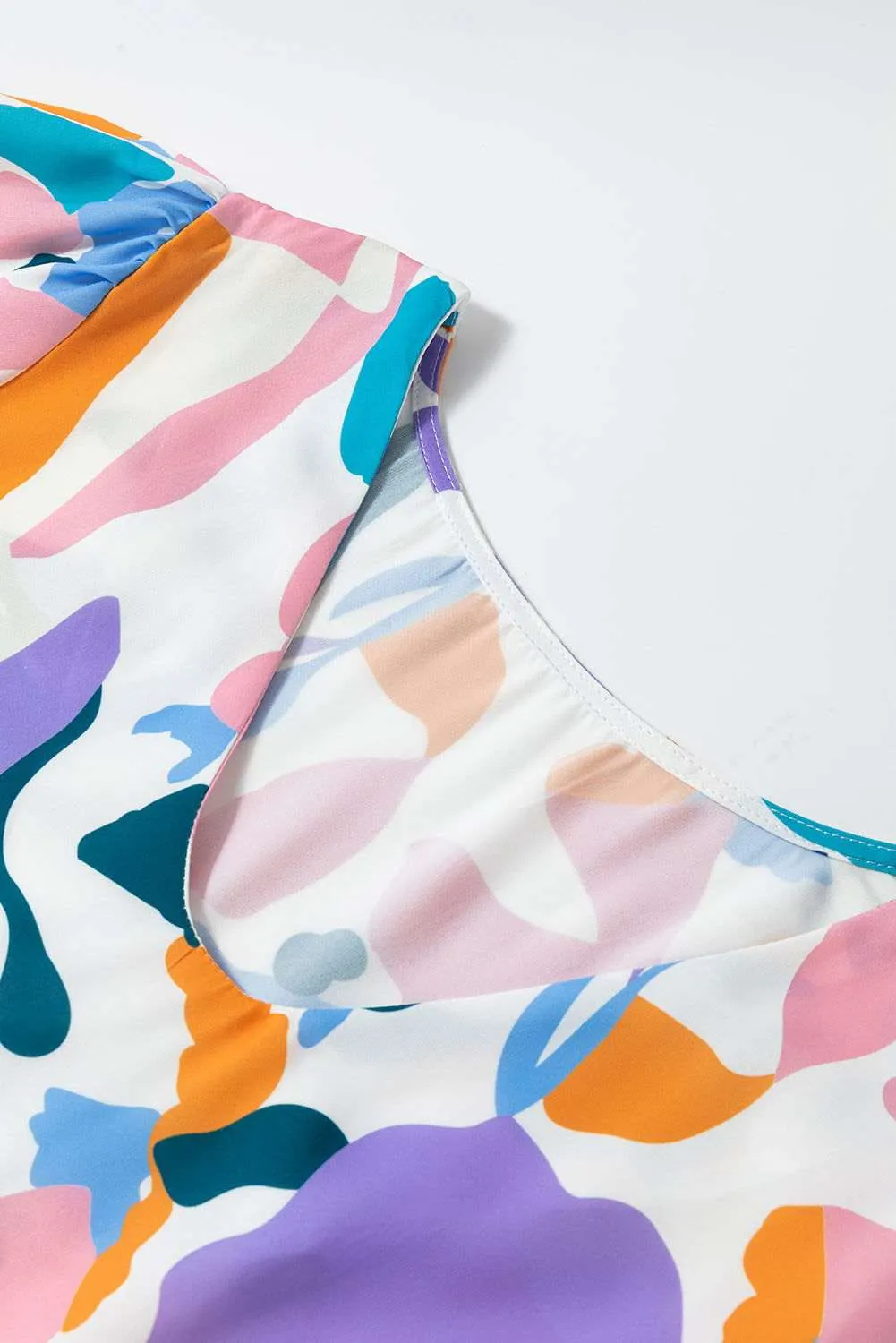 Sky Blue Plus Abstract Print Puff Short Sleeve V Neck Top