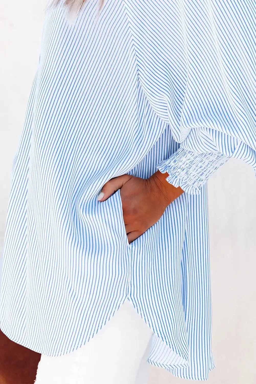 Sky Blue Striped Boyfriend Shirt with Smocked Cuffs