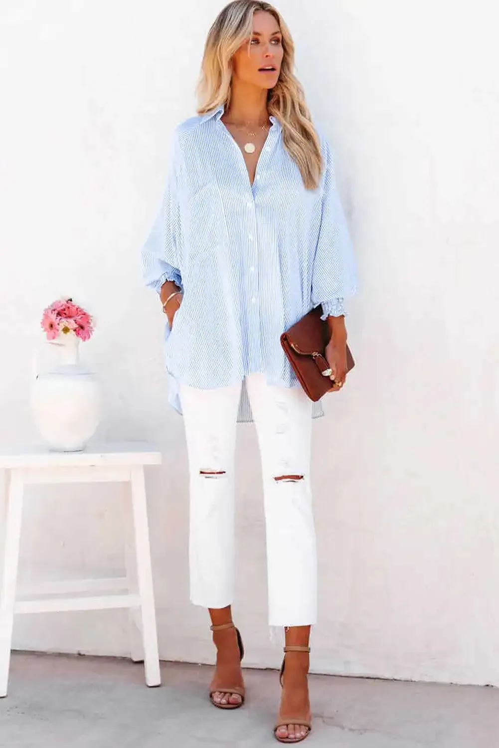 Sky Blue Striped Boyfriend Shirt with Smocked Cuffs