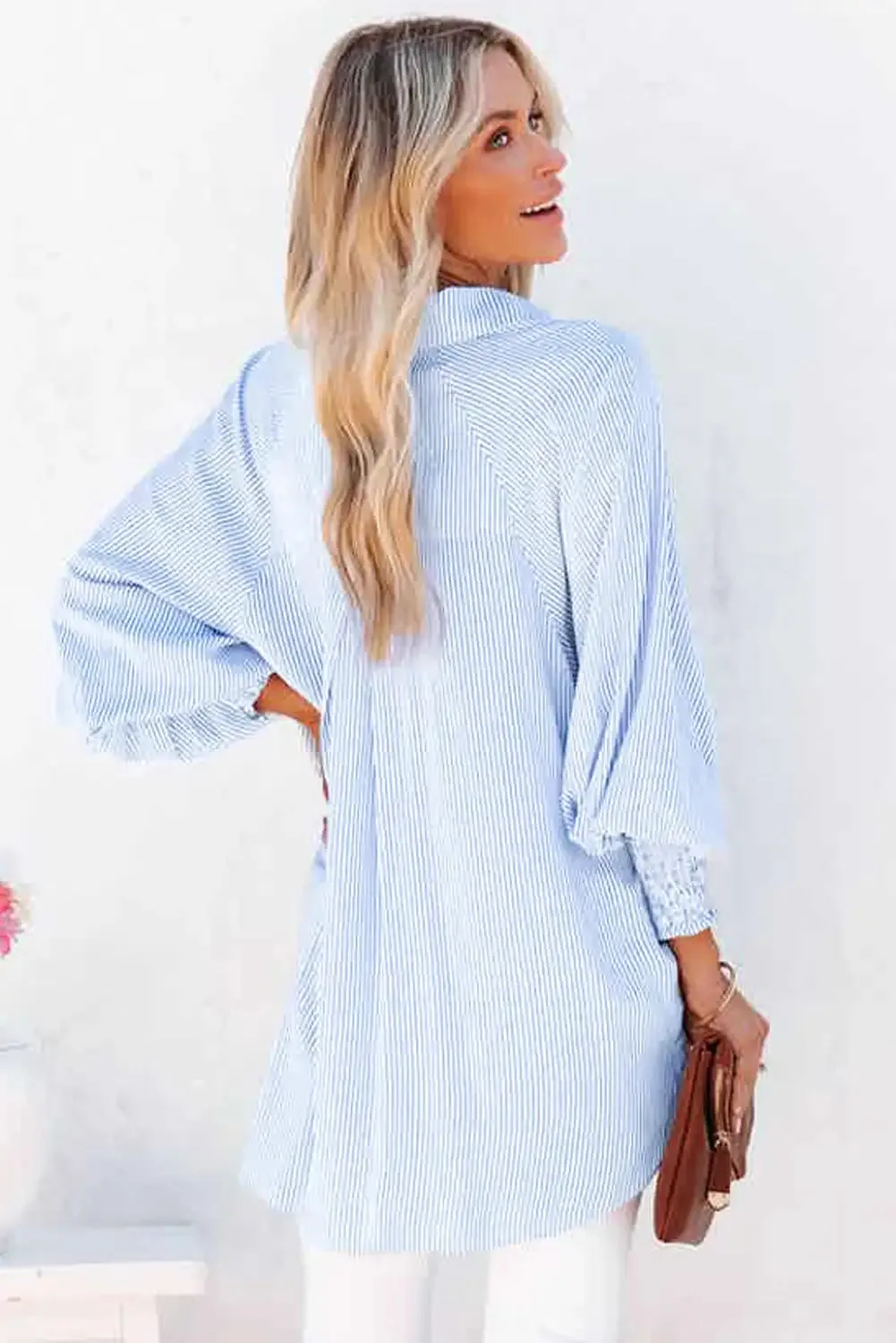 Sky Blue Striped Boyfriend Shirt with Smocked Cuffs