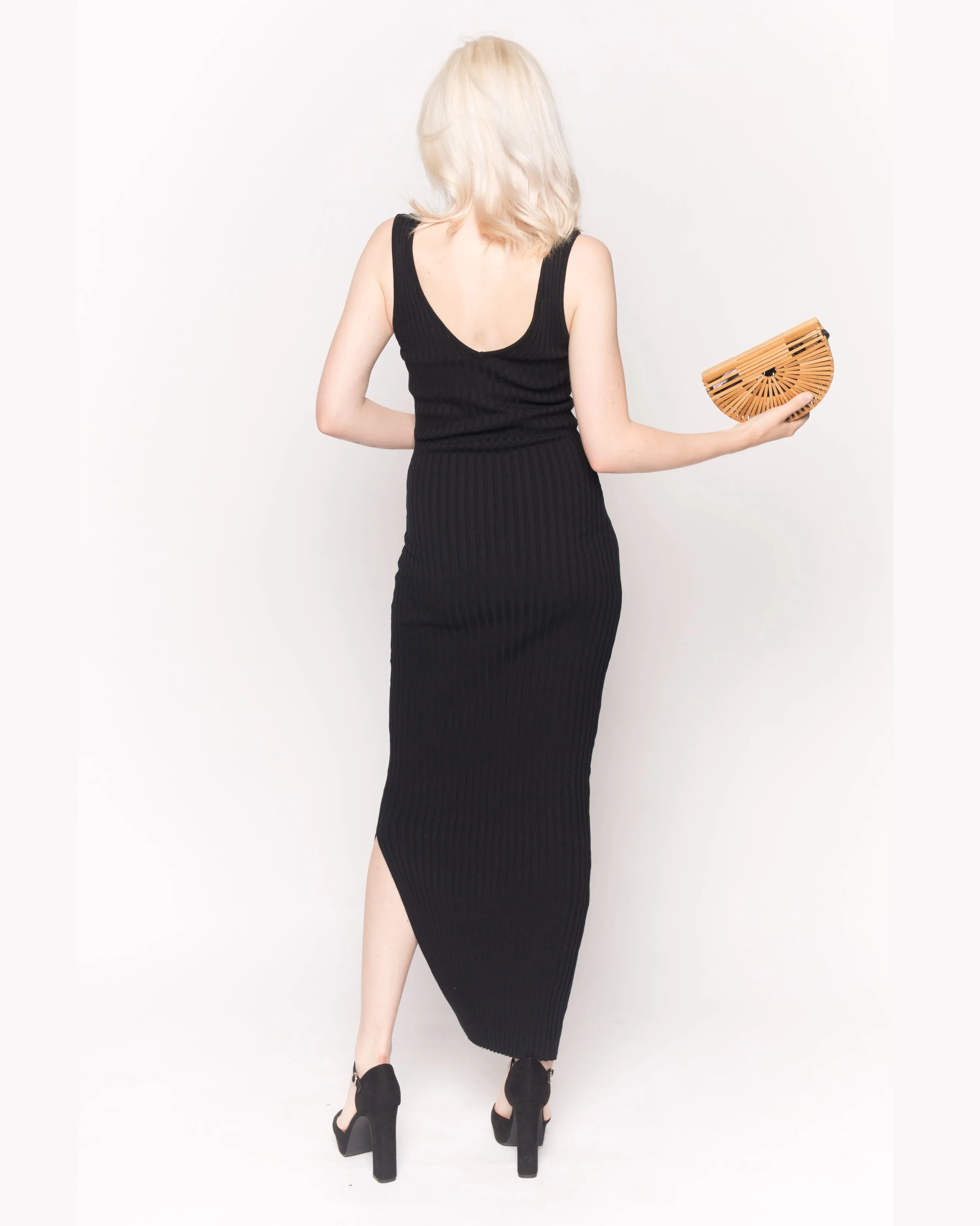Sleeveless Ribbed Knit Bodycon Dress with Side Split in Black