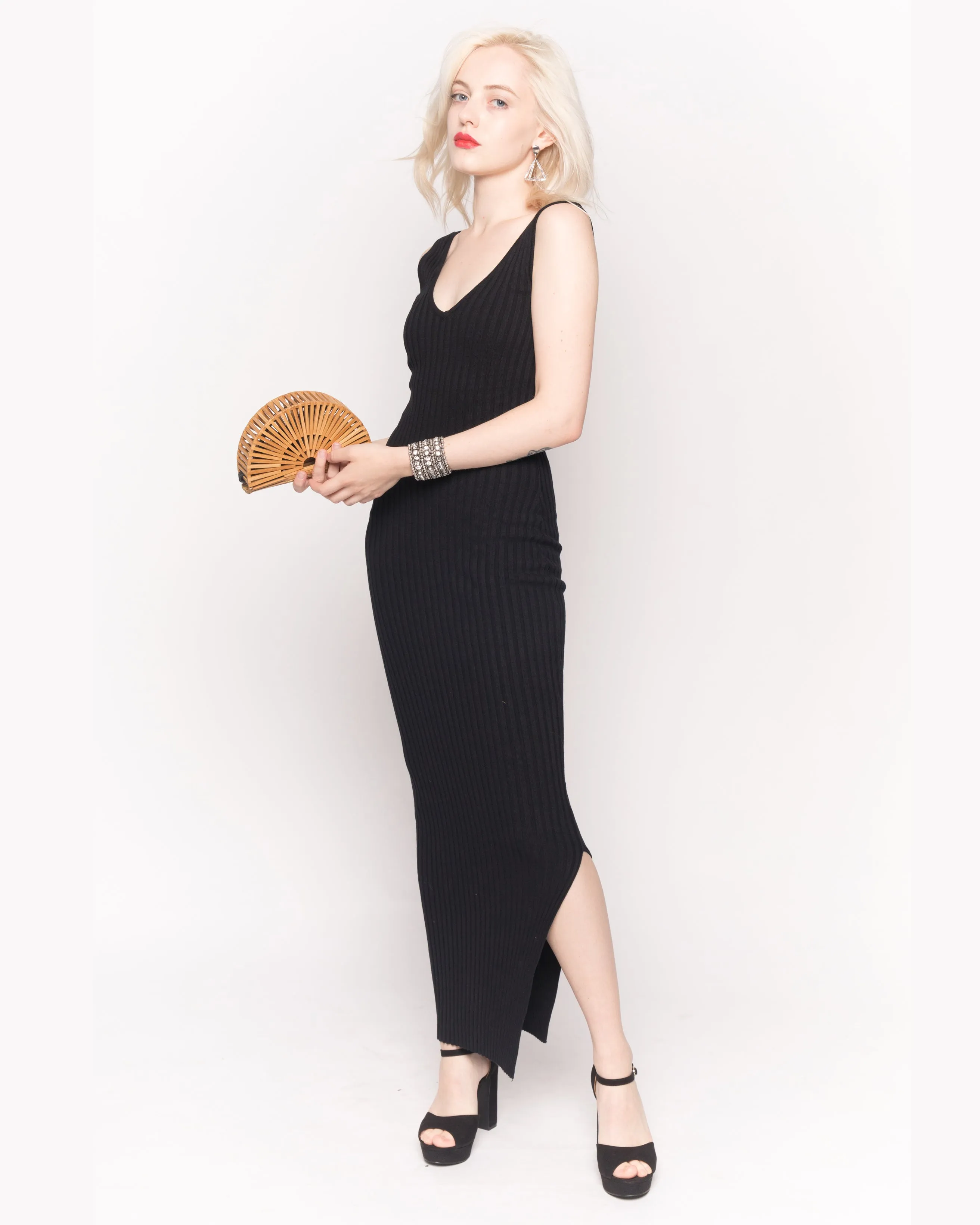 Sleeveless Ribbed Knit Bodycon Dress with Side Split in Black