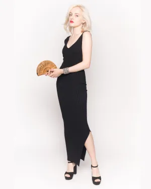 Sleeveless Ribbed Knit Bodycon Dress with Side Split in Black