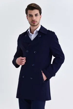 Slim Fit Notch Lapel Wool Blend Navy Long Coat