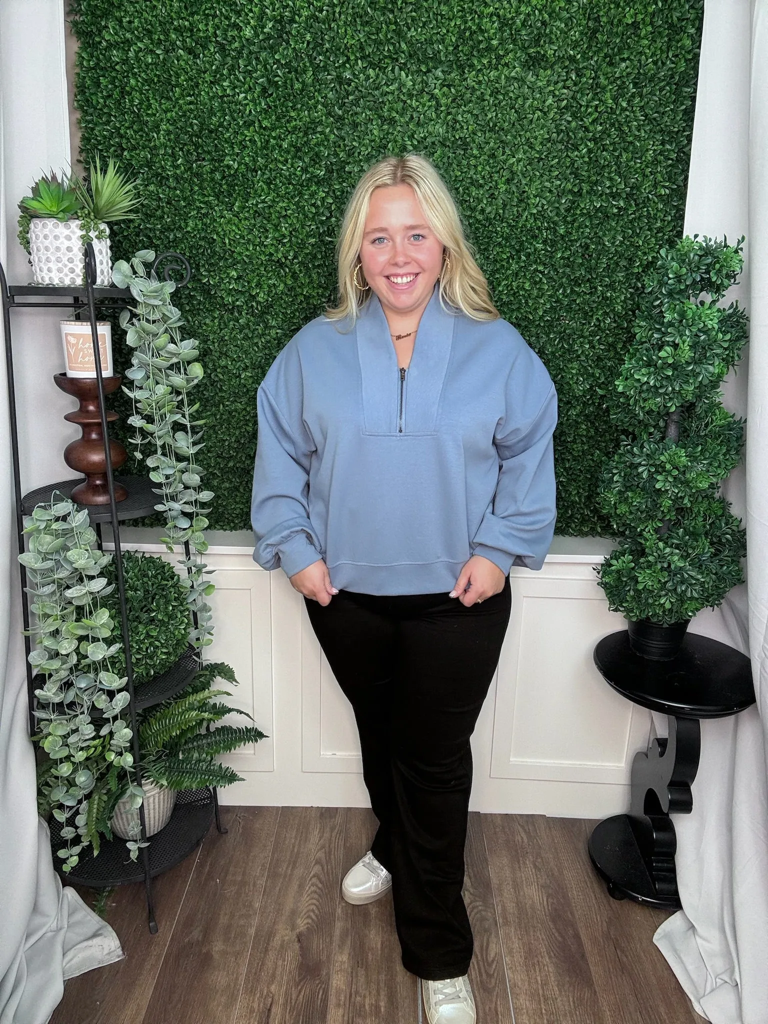 SOLID HALF ZIP LS SWEATER W/DROP SHOULDER