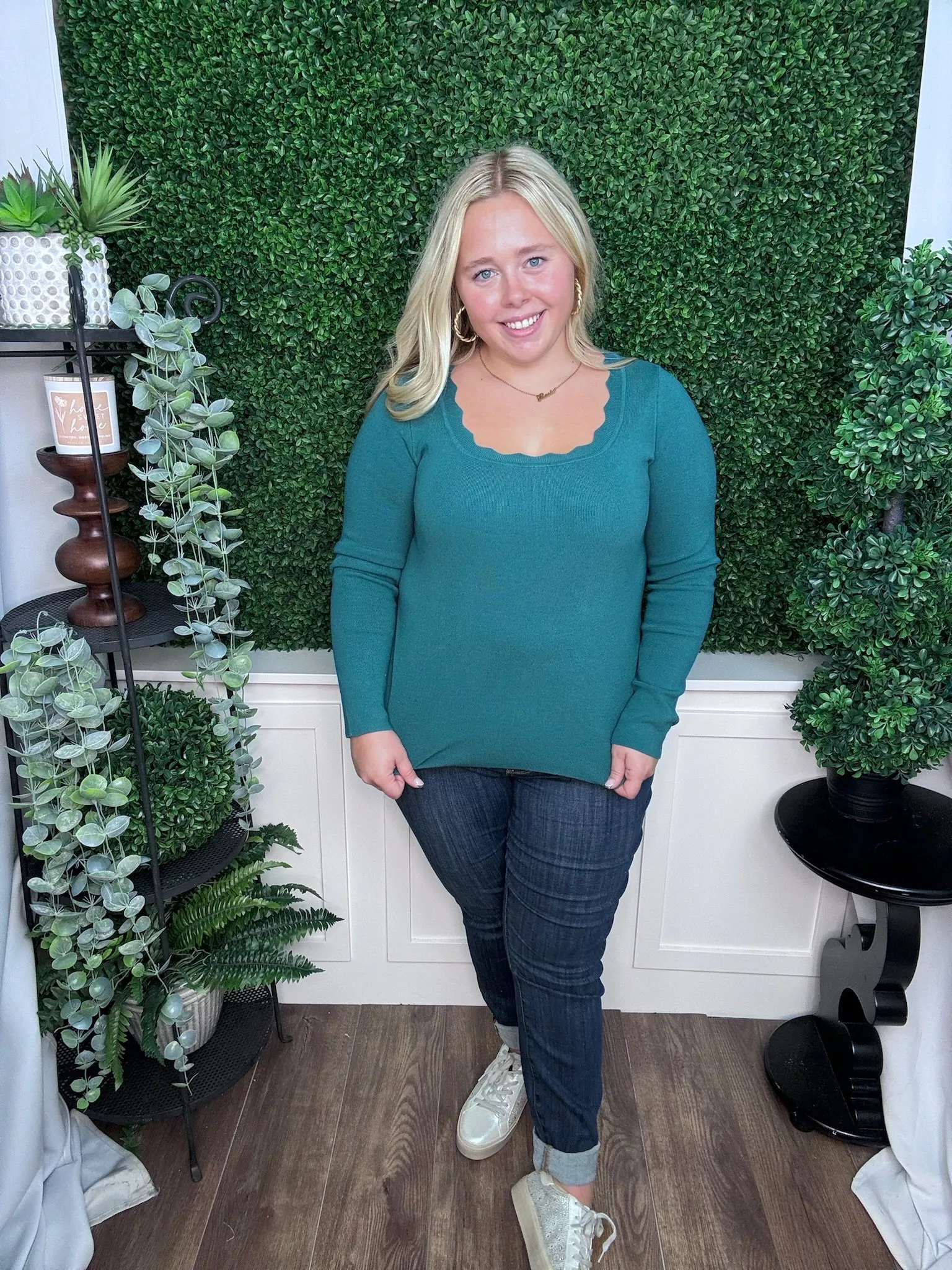 SOLID WAVY HEM SQUARE NECK SWEATER - TEAL