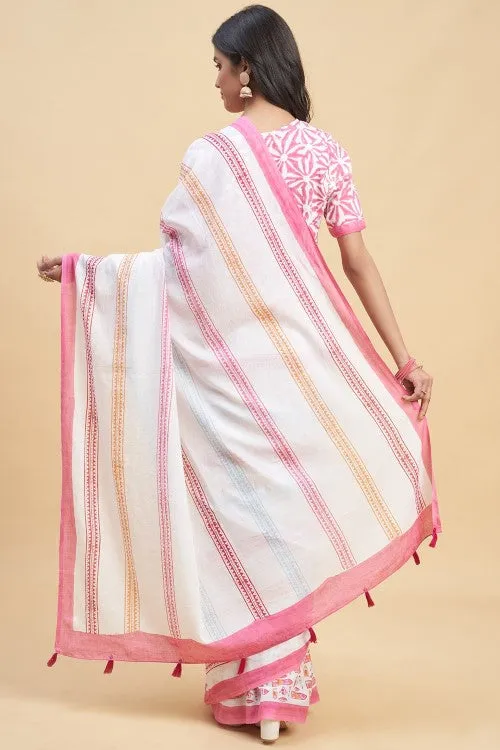 Sooti Syahi " California Pink" Block Printed Cotton Saree