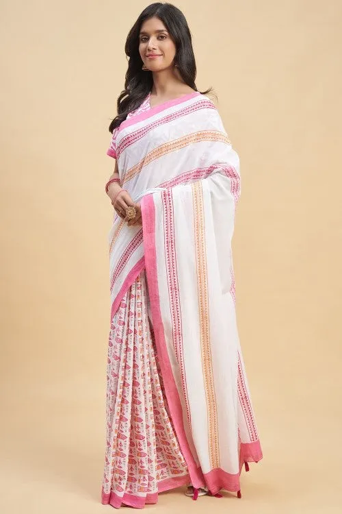 Sooti Syahi " California Pink" Block Printed Cotton Saree