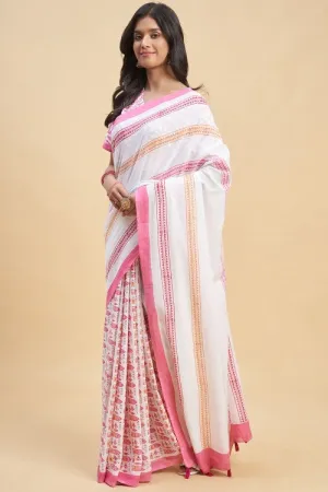 Sooti Syahi " California Pink" Block Printed Cotton Saree
