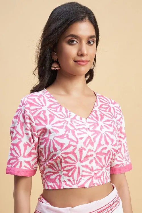 Sooti Syahi " California Pink" Block Printed Cotton Saree