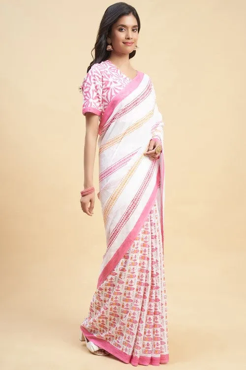 Sooti Syahi " California Pink" Block Printed Cotton Saree