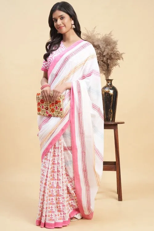 Sooti Syahi " California Pink" Block Printed Cotton Saree