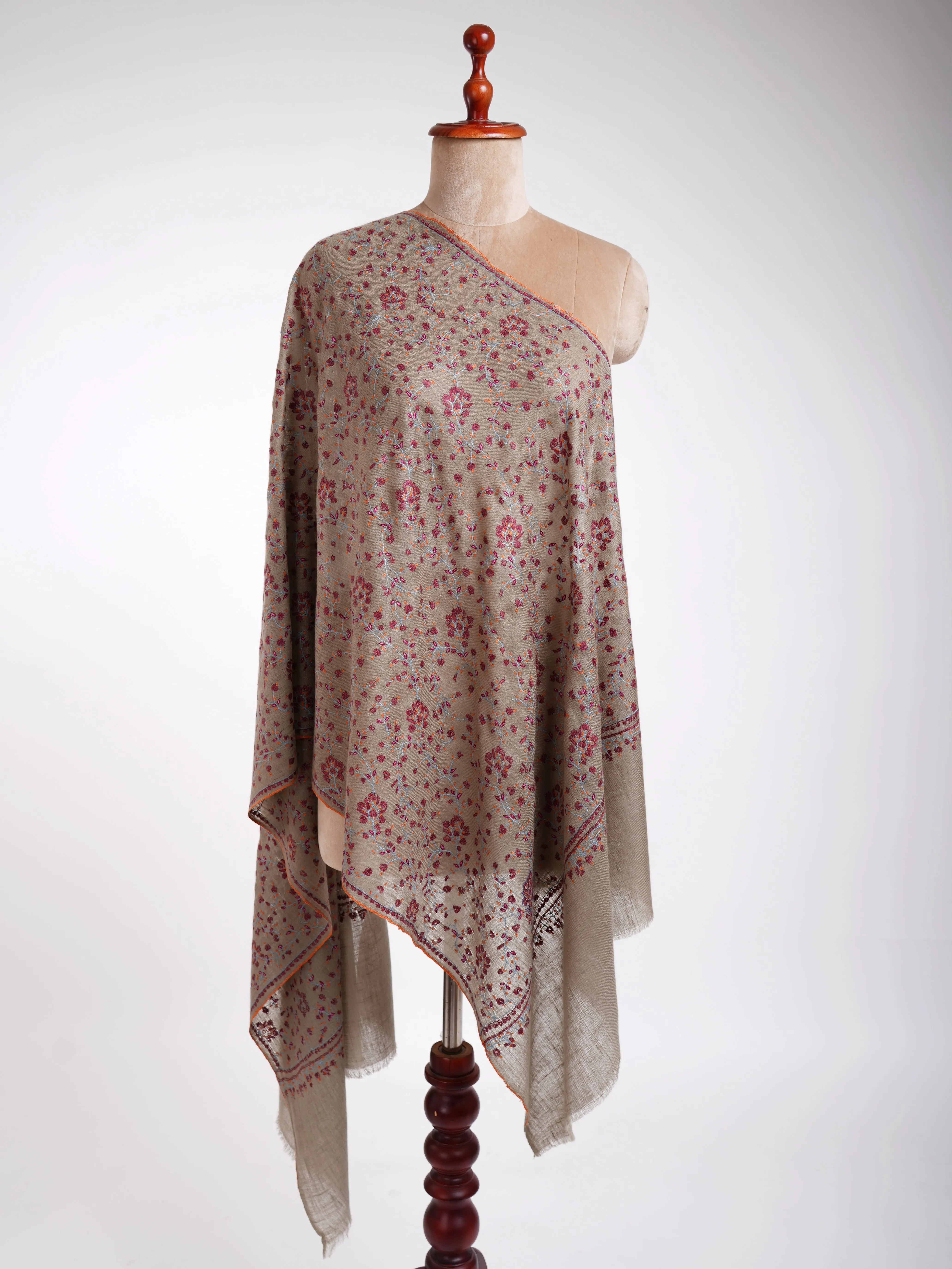 Sozni Embroidery Indian Cashmere Stole Smoke