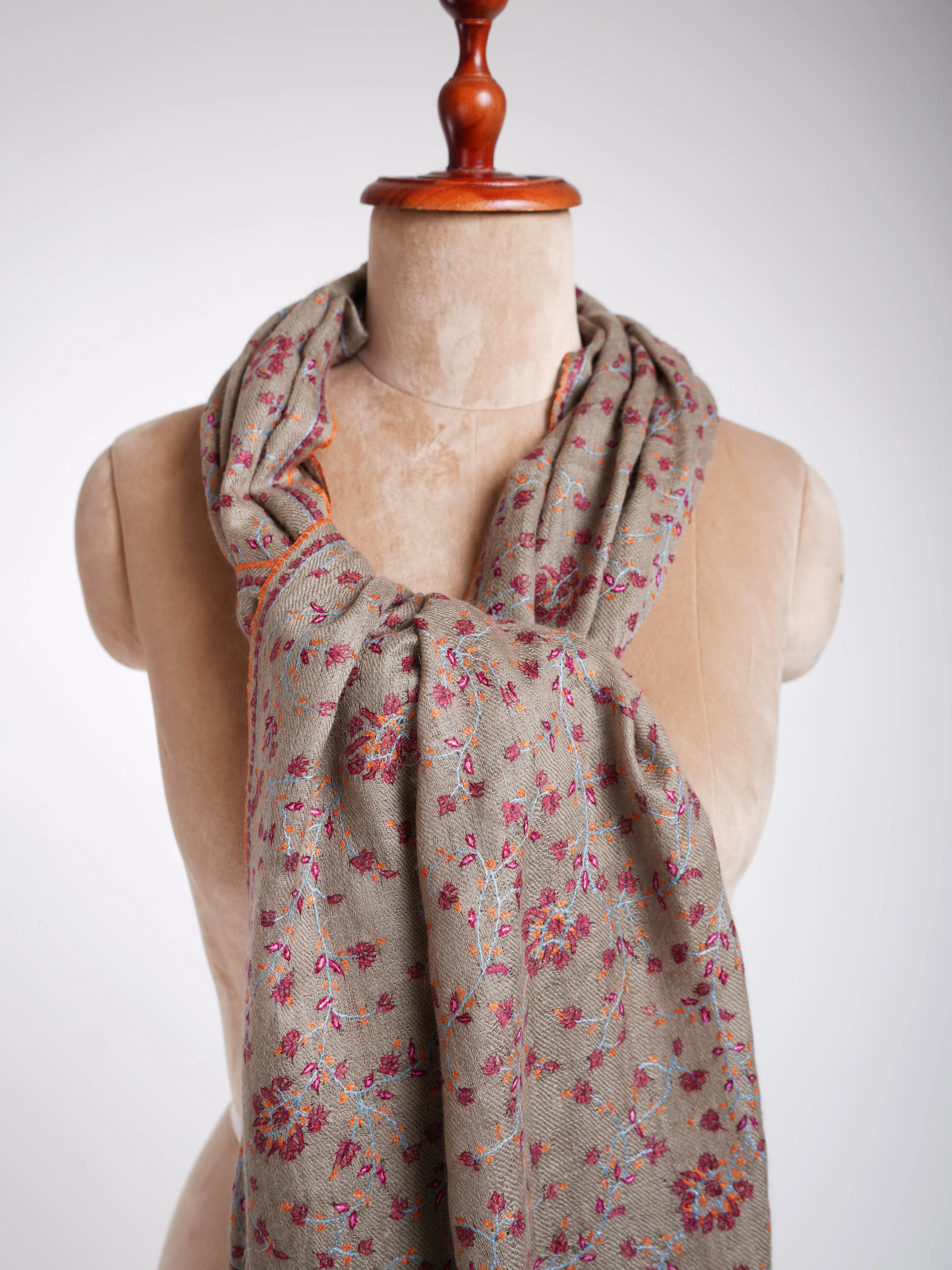 Sozni Embroidery Indian Cashmere Stole Smoke