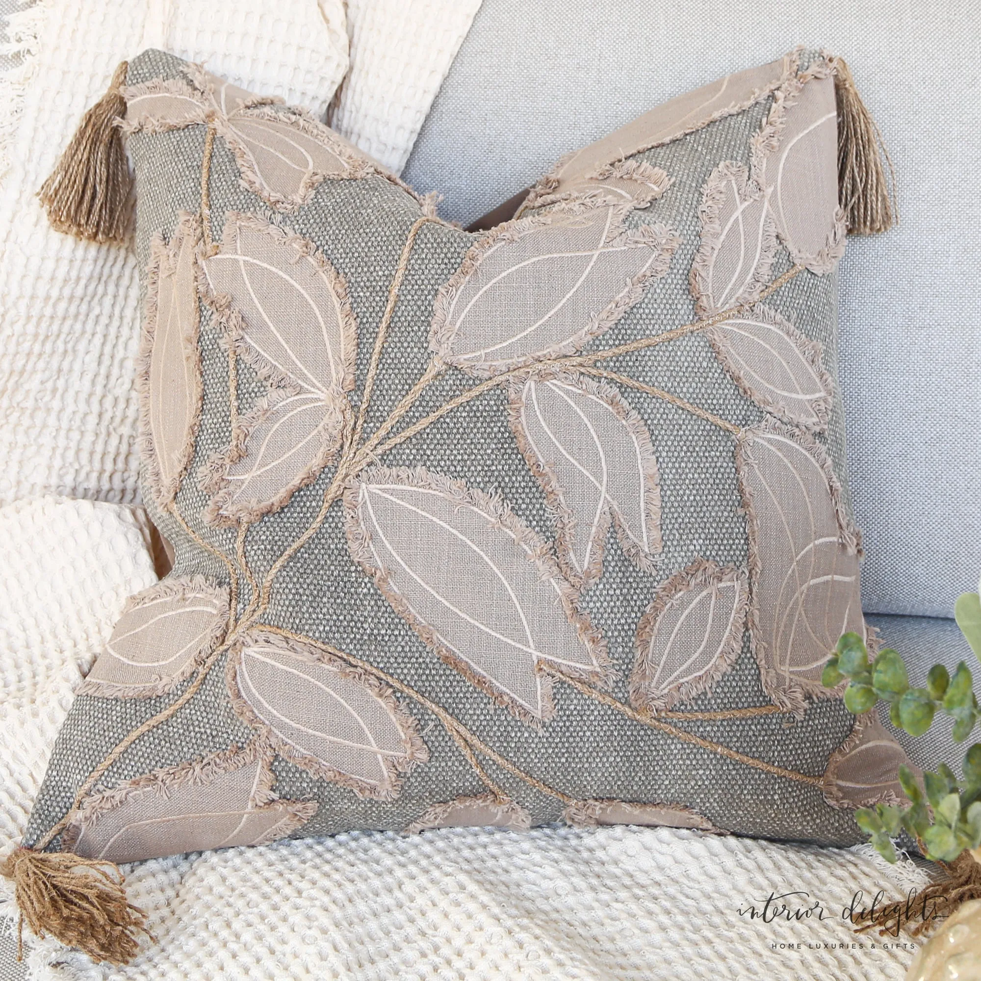Square Gray Pillow With Taupe Leaf Pattern