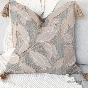 Square Gray Pillow With Taupe Leaf Pattern