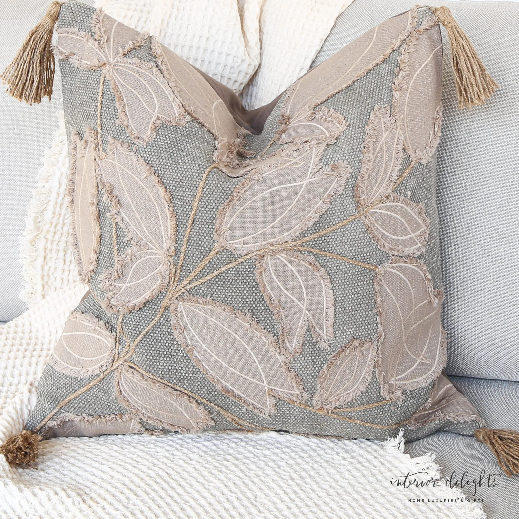 Square Gray Pillow With Taupe Leaf Pattern