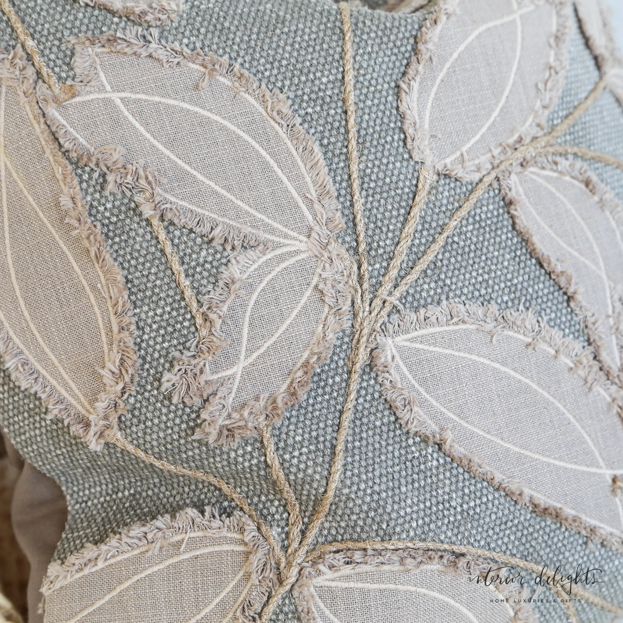 Square Gray Pillow With Taupe Leaf Pattern