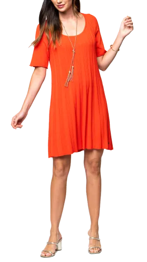 Stephanie Wave Rib Knit Short Sleeved Swing Dress; Bright Orange